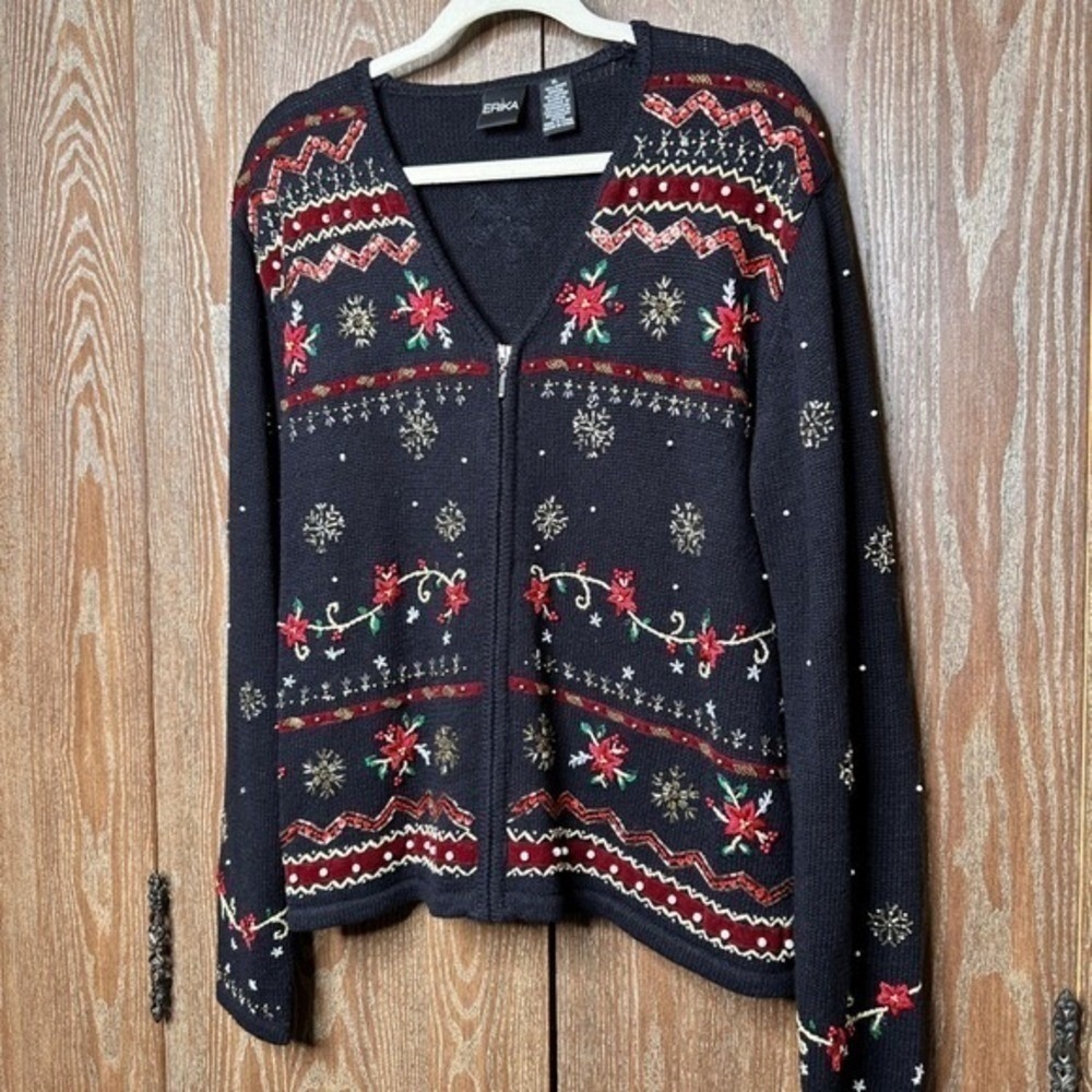 Vtg Christmas Sweater Black Beaded Sequin Poinsettia Snowflake Zip Up Womens XL - Picture 2 of 10